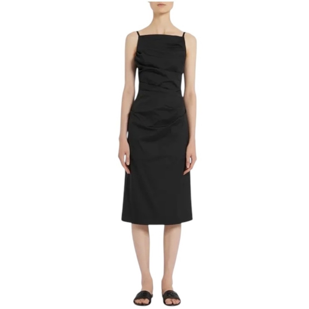 Marella Dress Women 6 Black Square Neck Ruched Poplin Midi LBD Preppy Gothic
